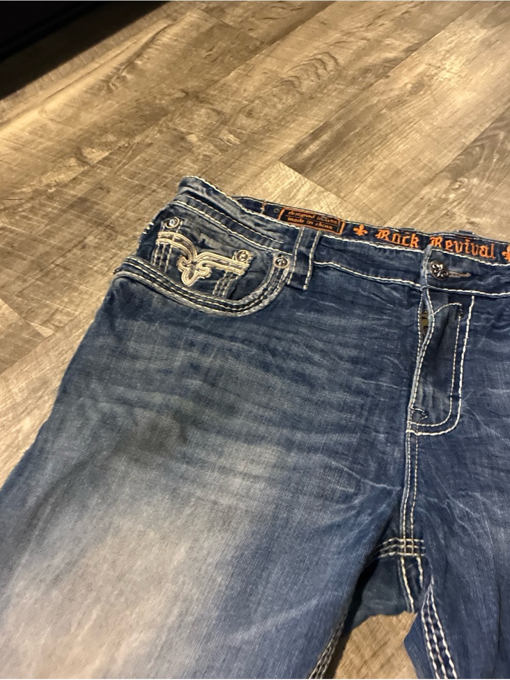 Vintage Rock Revival Jeans Men’s Blue Cotton Straight Distressed Flap SZ 42 - Picture 7 of 16